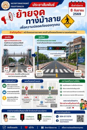 ประชาสัมพันธ์แขวงทางหลวงแพร่มีการติดตั้งไฟจราจรคนข้ามบริเวณหน้าโรงพยาบาลแพร่ แถวโรงแรมลานนาเพลส