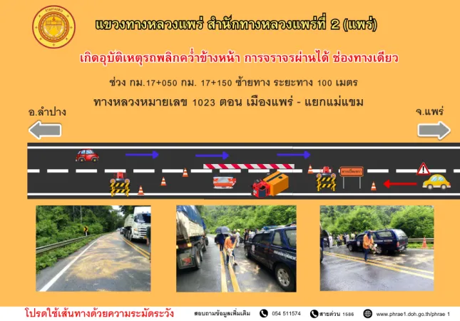 ประชาสัมพันธ์แขวงทางหลวงแพร่  เกิดอุบัติเหตุรถพลิกคว่ำ ปิดขวางทางการจราจร การจราจรผ่านได้ช่องทางเดียว